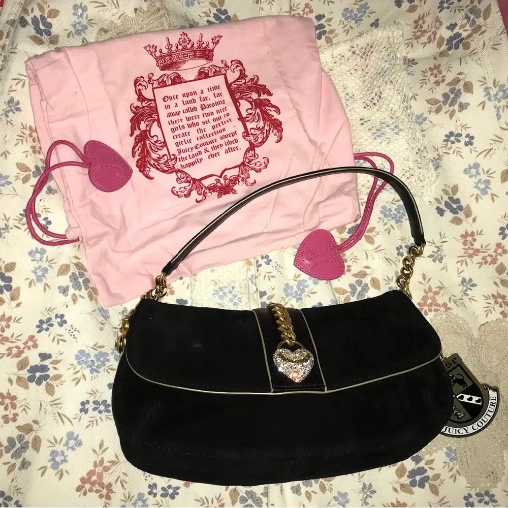 Juicy Couture Black Suede Shoulder Bag Gold Accents Y2K W/ Dust Bag NWT VINTAGE